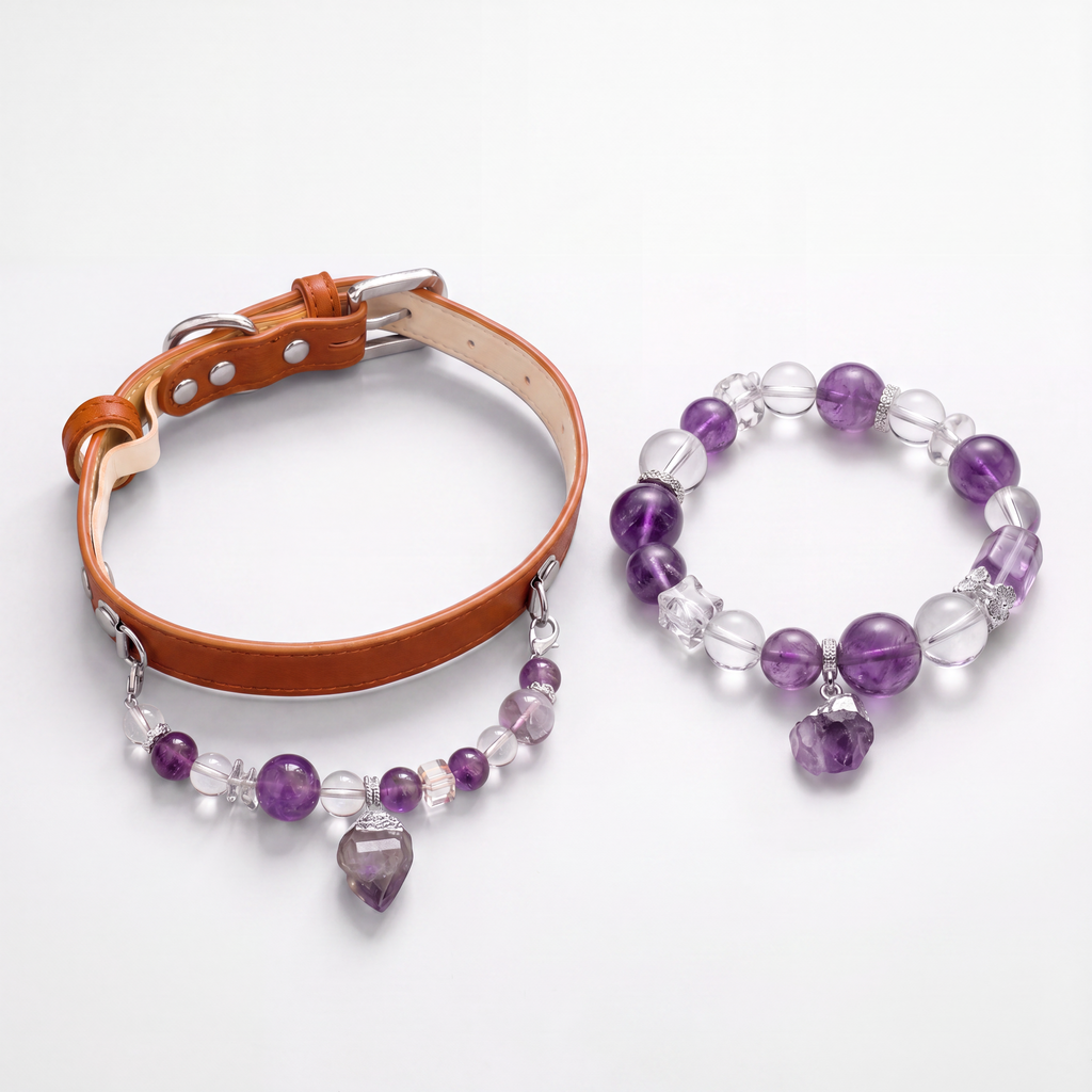 Amethyst crystal dog collar and matching bracelet set with natural gemstone pendant