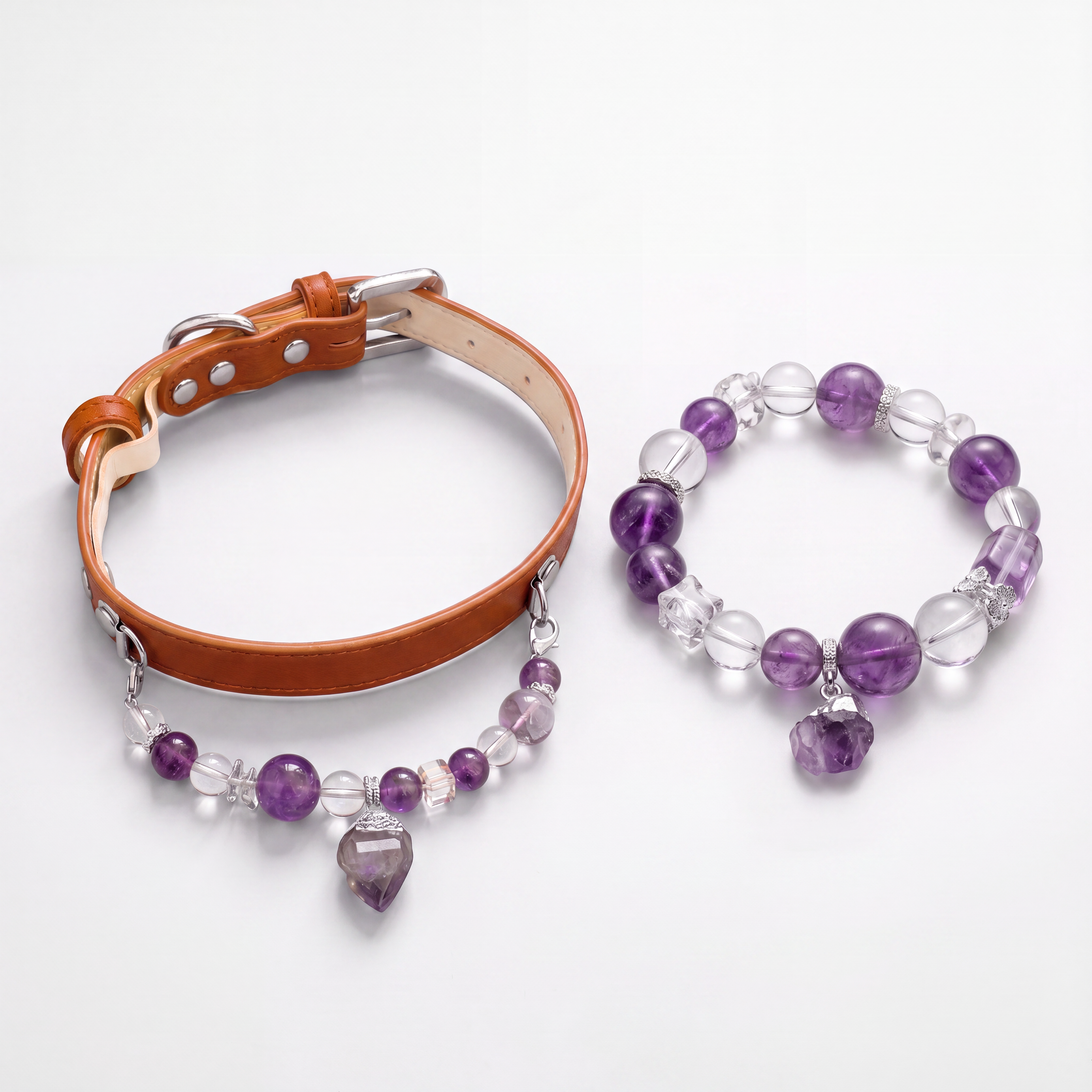 Amethyst Crystal Bracelet & Pet Collar Set | Tacit Crystal Jewelry Collection