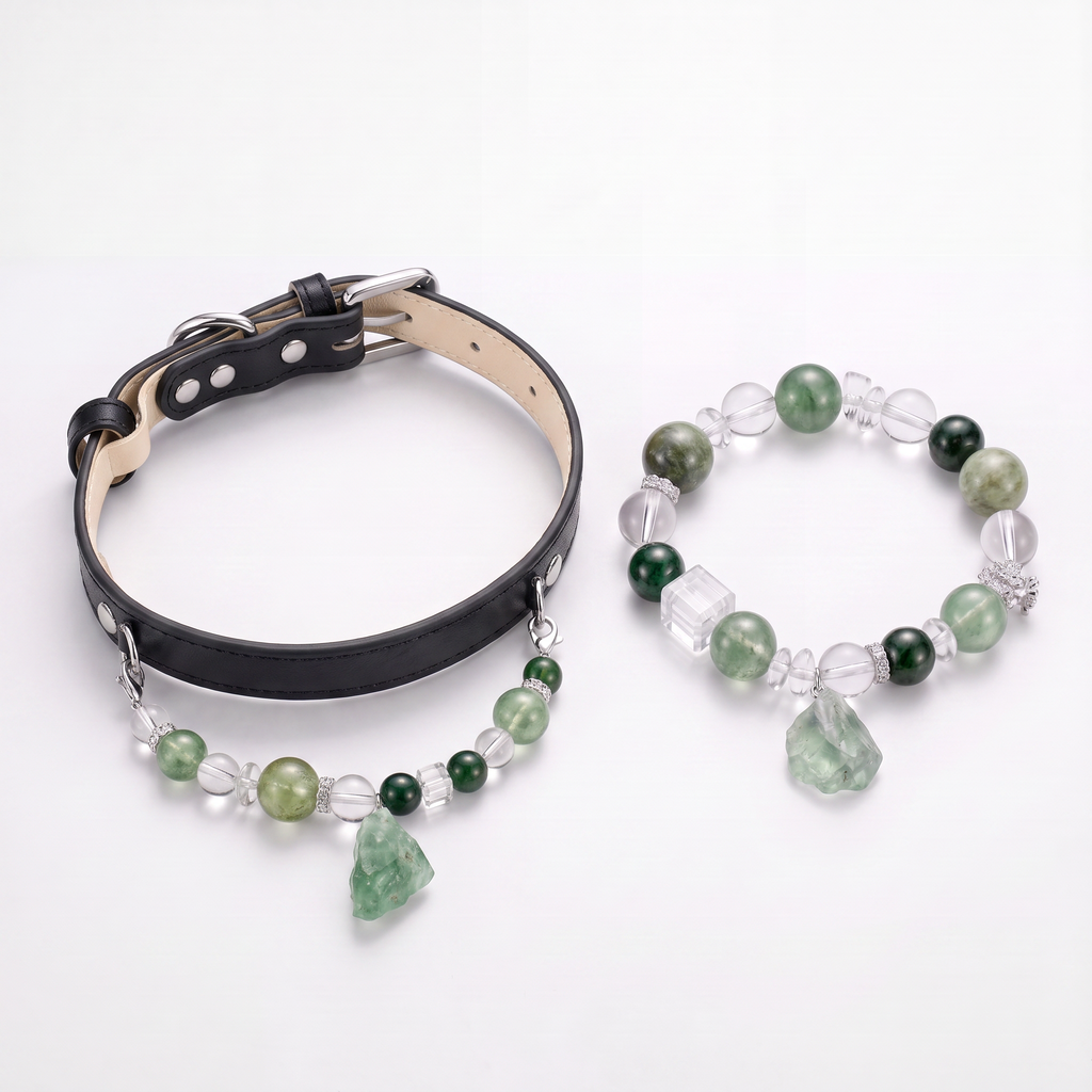 Green crystal bracelet and matching pet collar jewelry set