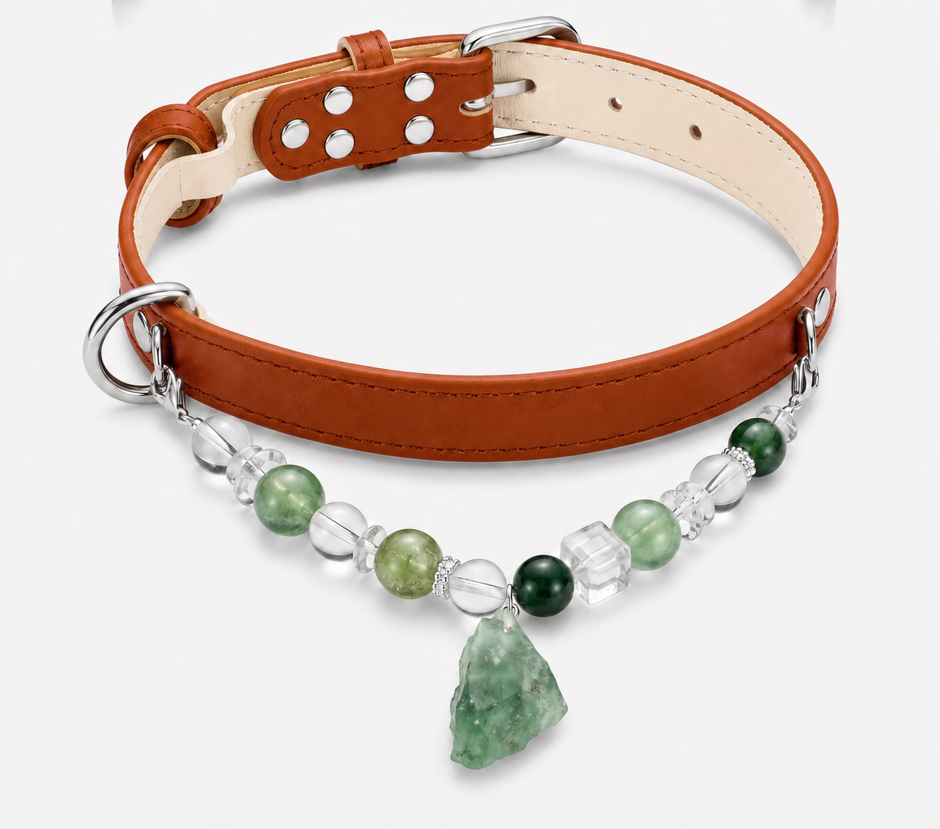 Green crystal pet collar with brown collar option