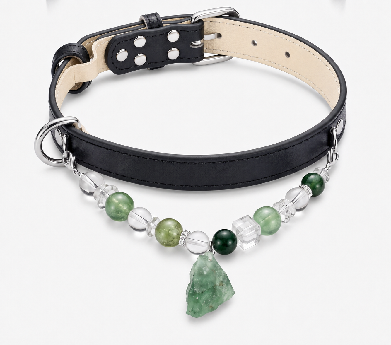 Green crystal pet collar with gemstone detail for matching pet jewelry