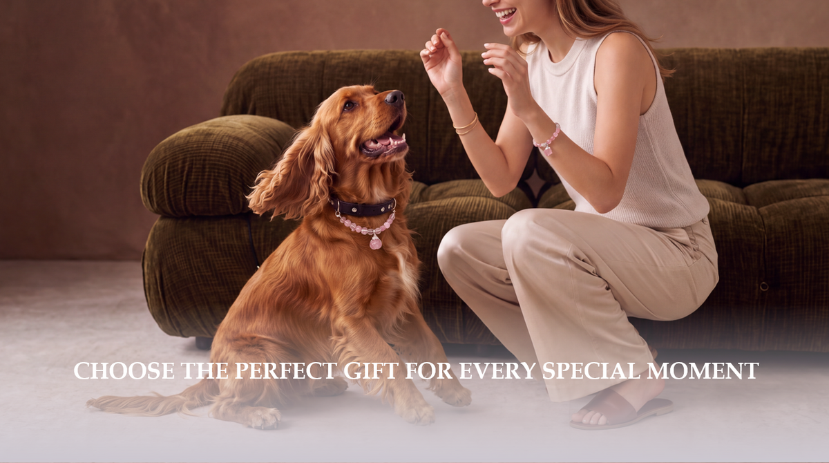 Human and pet wearing matching jewelry that celebrates their bond
