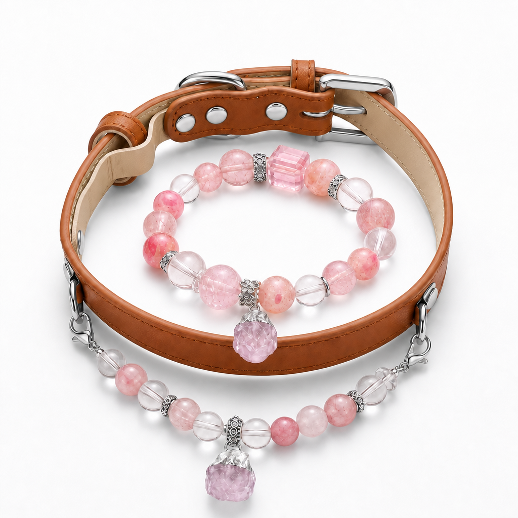 Rose Quartz Bracelet & Pet Collar Set | Embrace Crystal Jewelry Collection